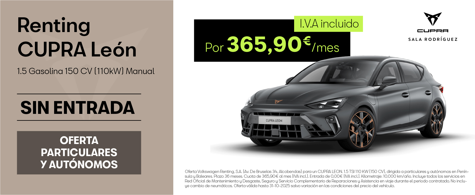 Renting Cupra León 150CV por 365,90€/mes ¡Sin entrada!